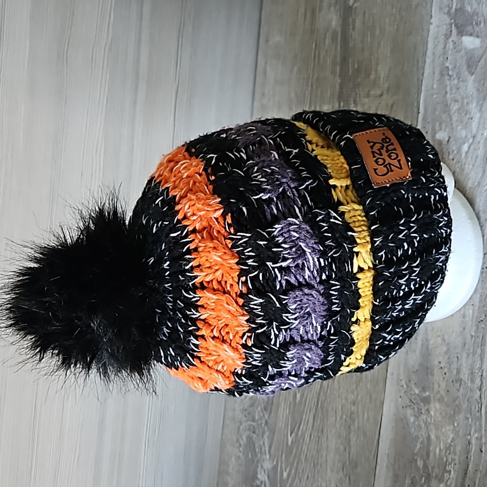 Cozy Zone Black Furball Beanie Pom Pom‎ Colorful Stripes, O/S